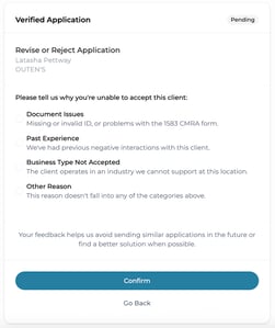 Verified - application reject